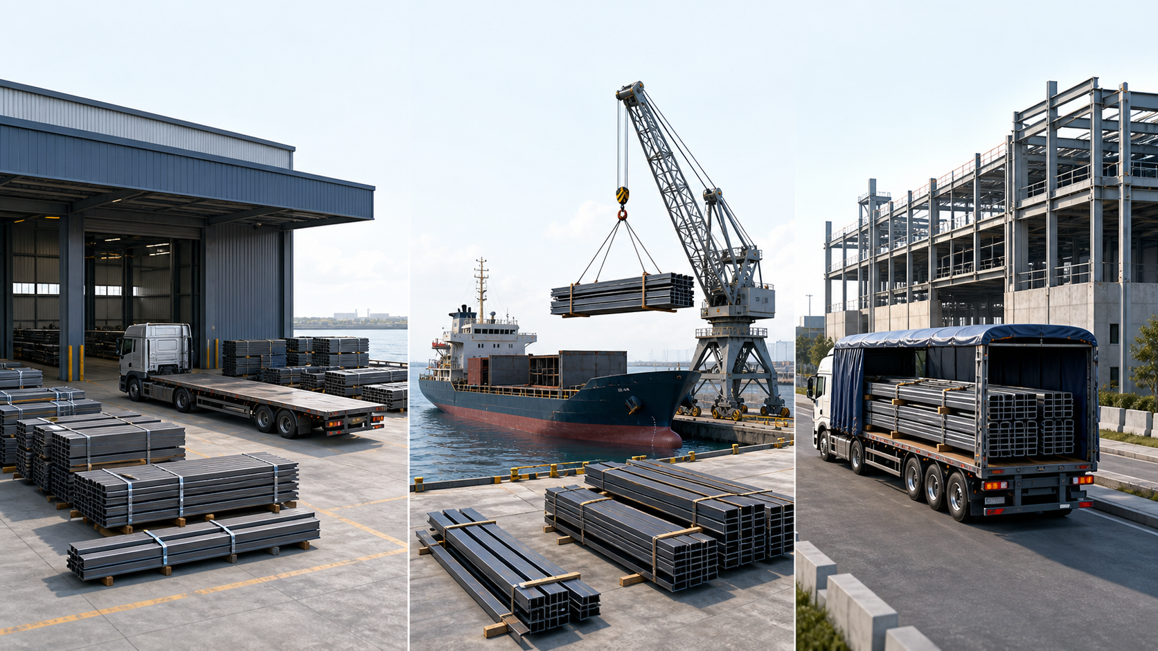 Conceptual three-stage illustration of fabricated steel at a factory, loading beside a cargo vessel, and arriving by truck at an industrial destination