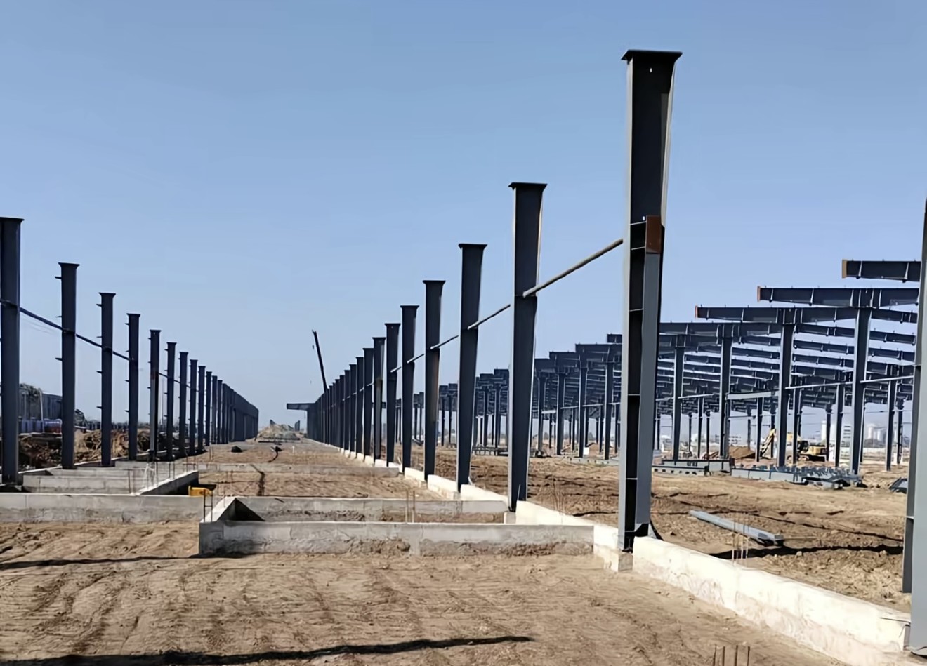 Industrial park steel columns and foundation view