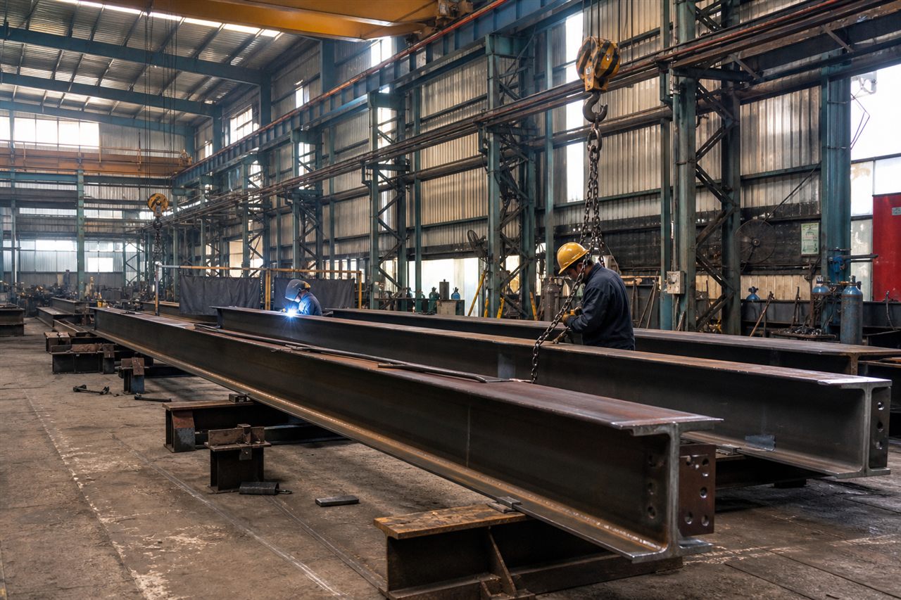 Illustrative structural steel fabrication workflow inside an industrial workshop