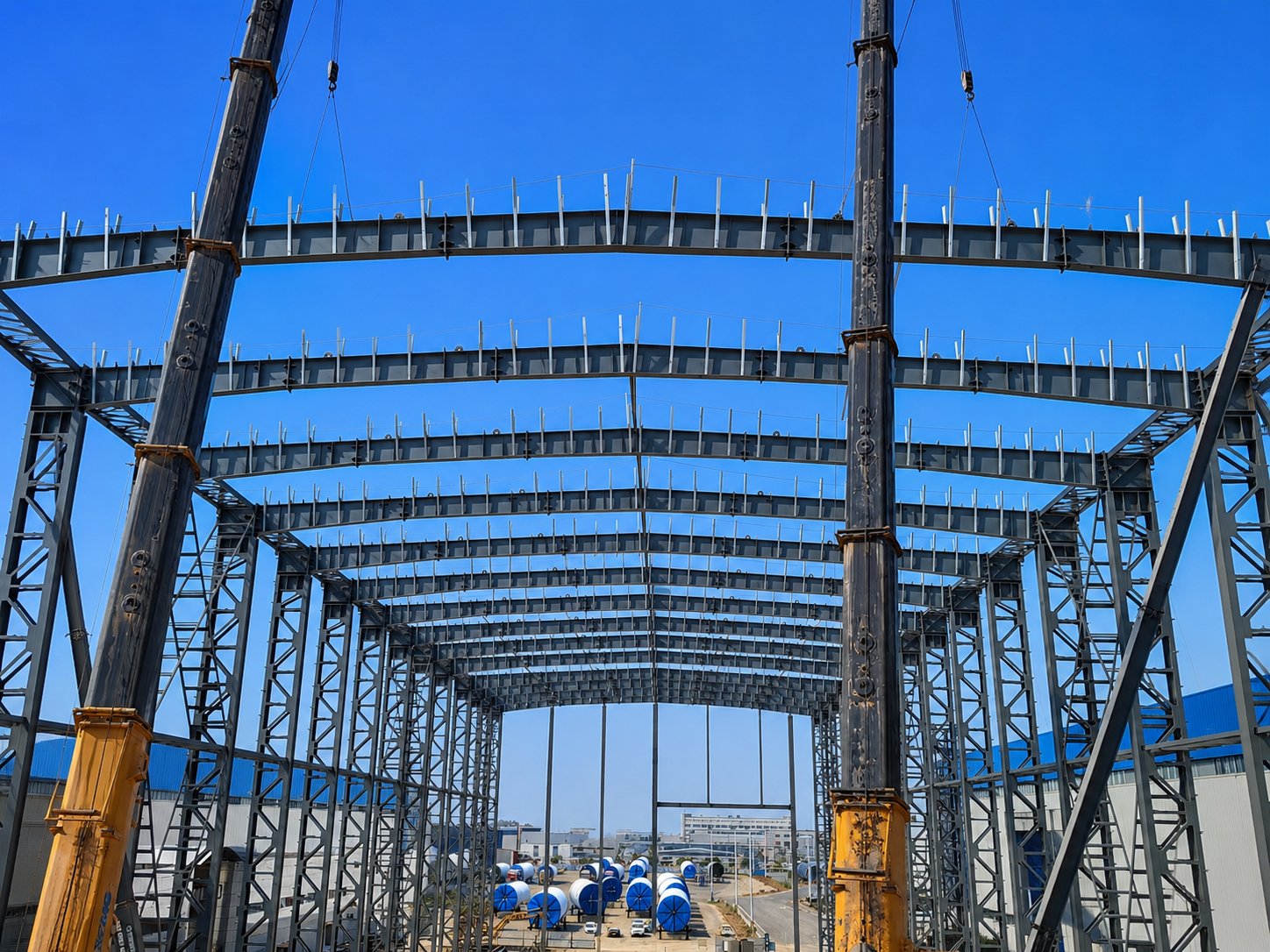 Large span steel structure roof frame lifting with cranes