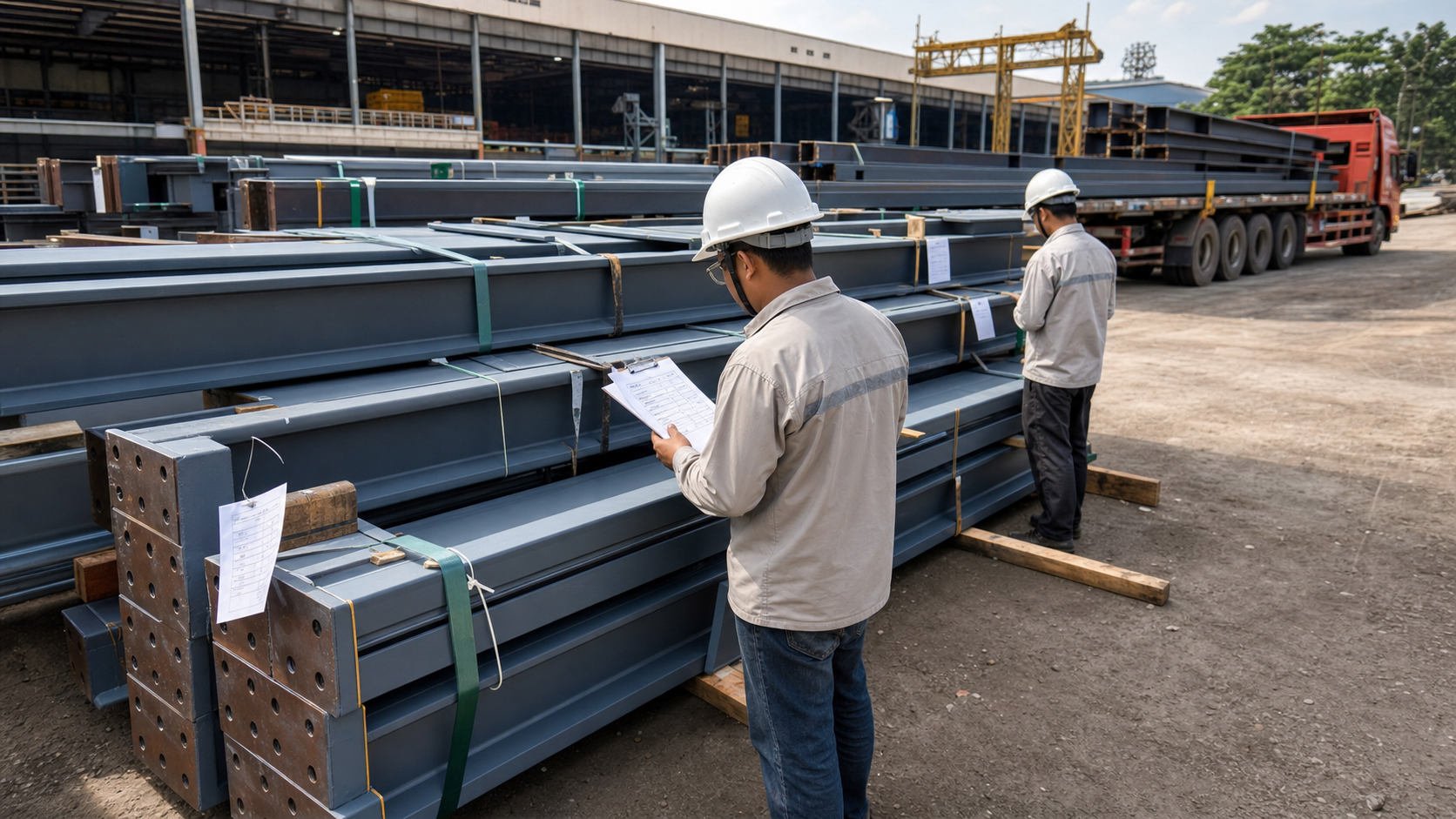 Jakarta Indonesia steel structure packing list with bundled steel beams and site receiving checks