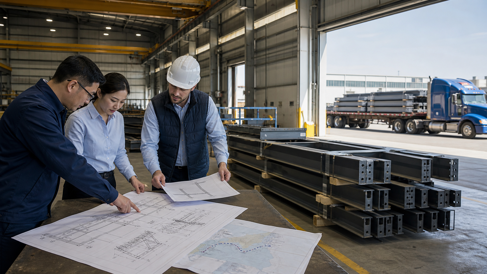 Manufacturing, project documentation, and logistics representatives reviewing steel building drawings, packing information, and a shipment route in a fabrication facility