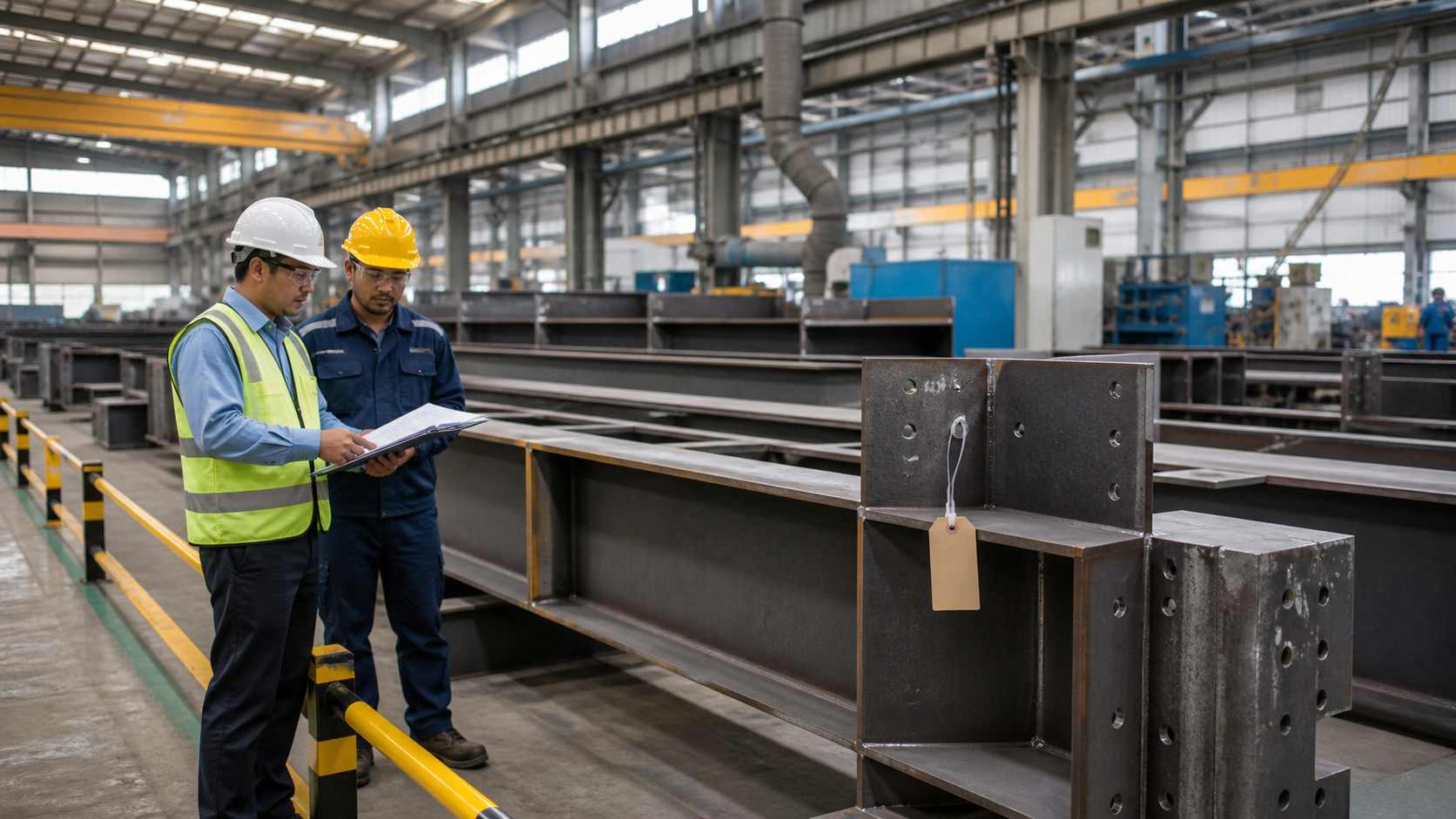 Engineer and quality inspector reviewing a drawing beside an isolated structural steel member in a fabrication workshop