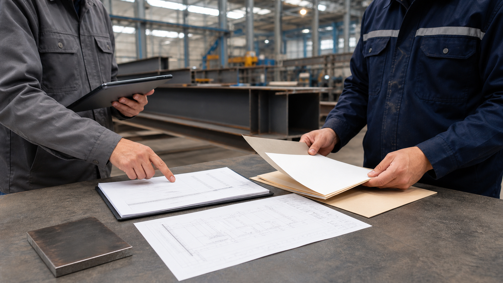 Two steel fabrication professionals reviewing a drawing, document register, tablet checklist, and sample steel plate in a workshop